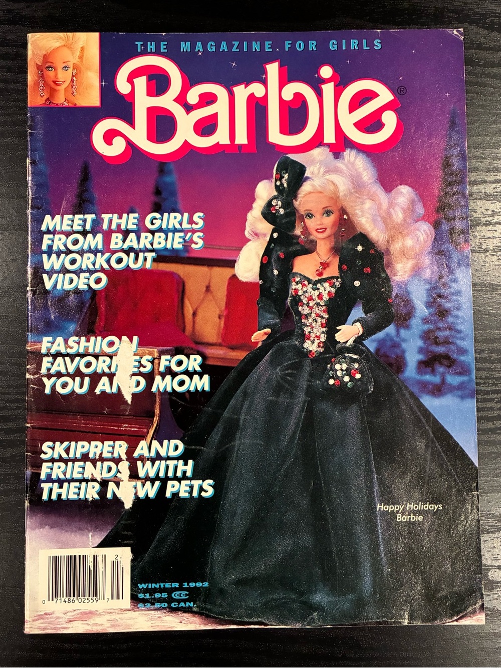 Vintage BARBIE The Magazine for Girls, Happy Holidays Barbie, Green, Winter 1992